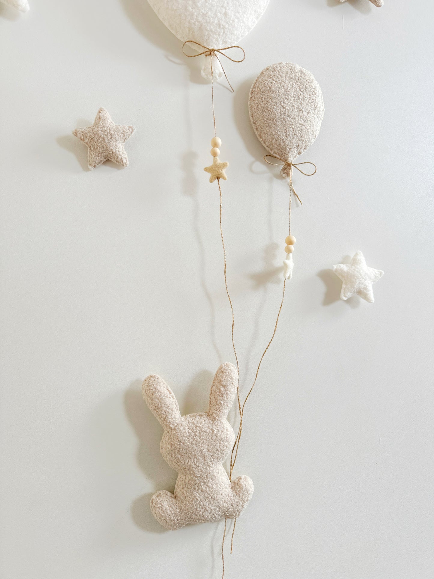 Balloons & Stars Wall Display Set  - 2 Balloons - Large Bunny - Ivory & Ecru Bouclé