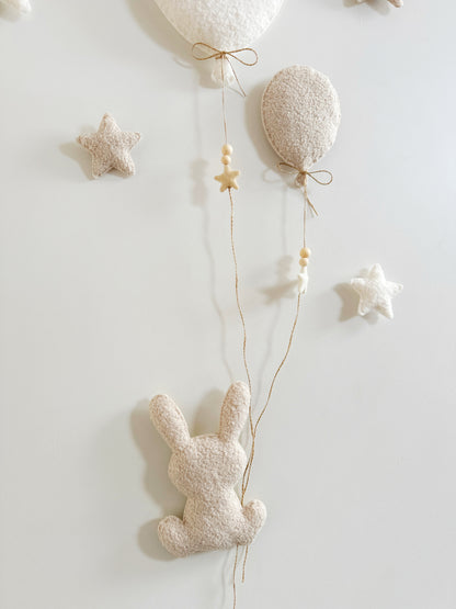 Balloons & Stars Wall Display Set  - 2 Balloons - Large Bunny - Ivory & Ecru Bouclé