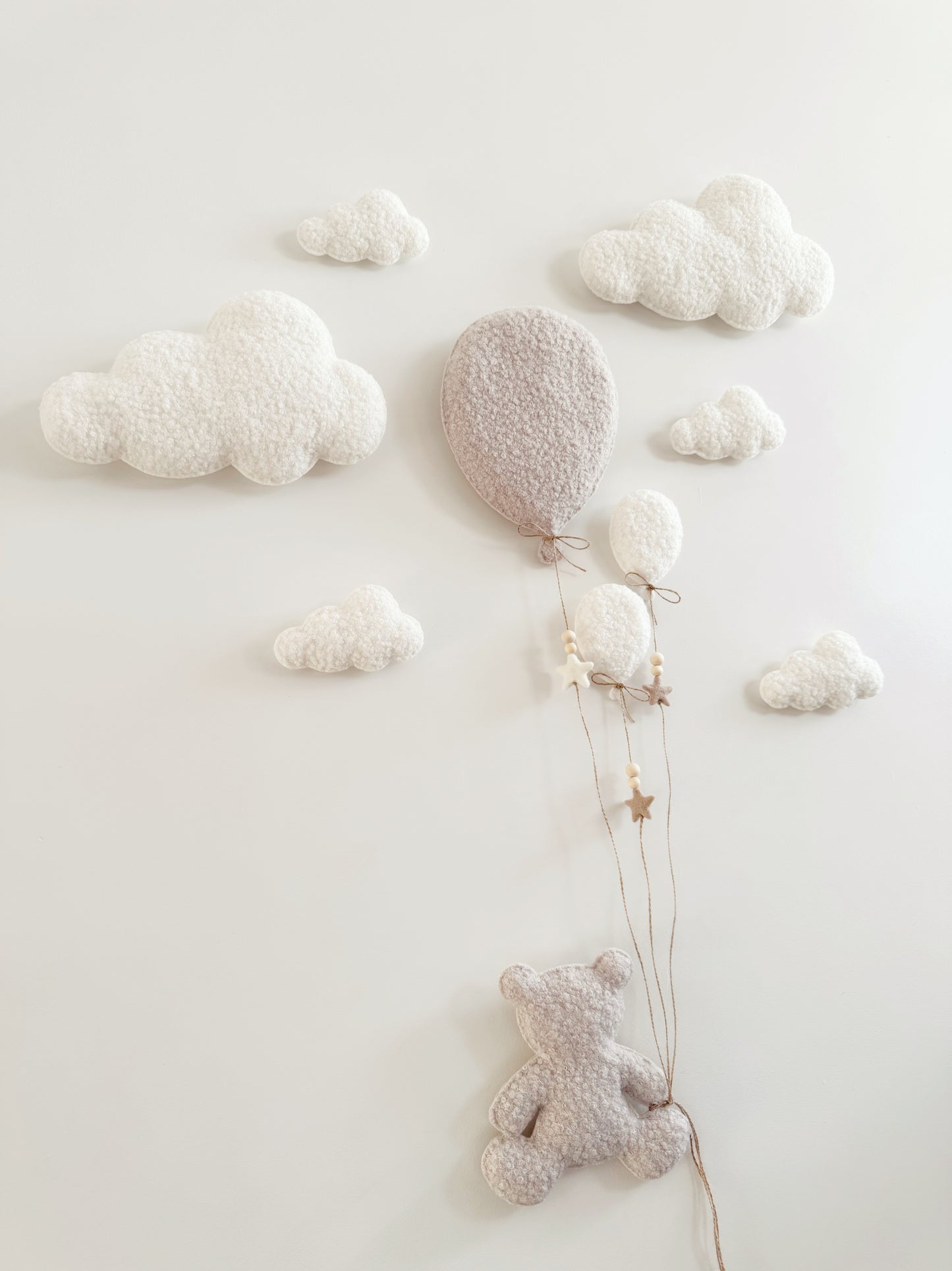 Balloons & Clouds Wall Display Set -10 piece set - Large Teddy Bear - Ivory & Stone Bouclé
