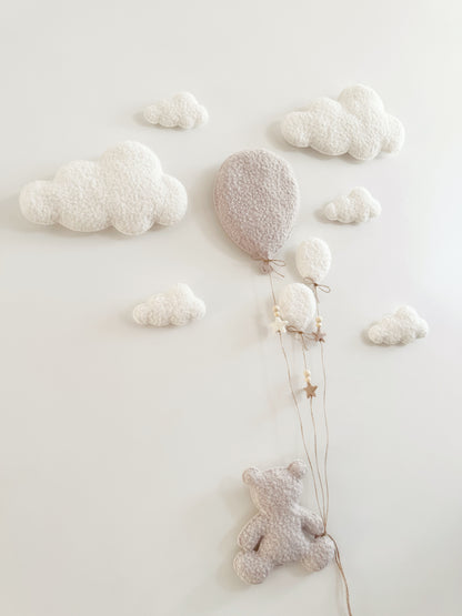 Balloons & Clouds Wall Display Set -10 piece set - Large Teddy Bear - Ivory & Stone Bouclé