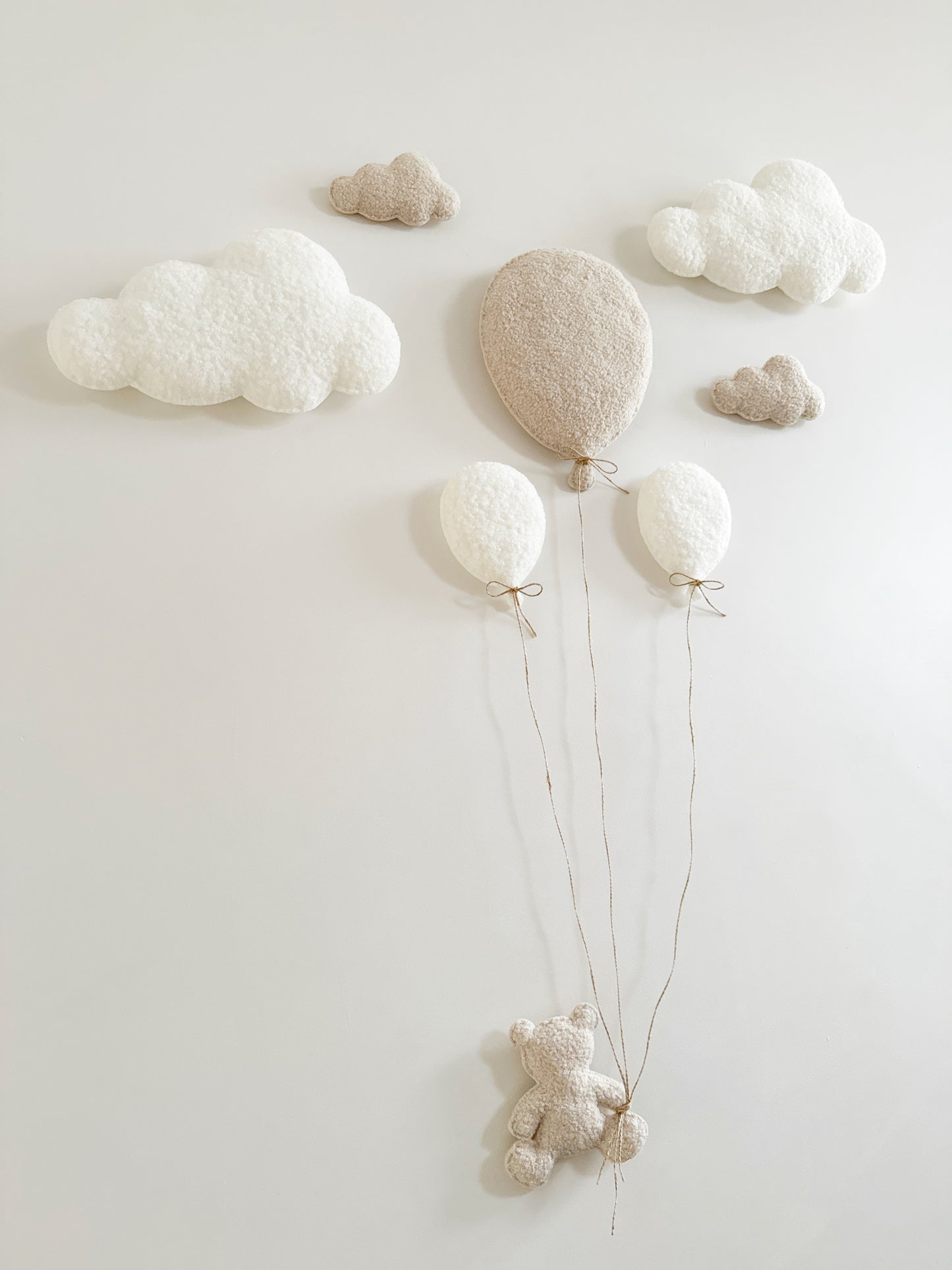 Balloons & Clouds Wall Display Set #2 - 3 Balloons - Small Teddy Bear - Ivory & Ecru Bouclé