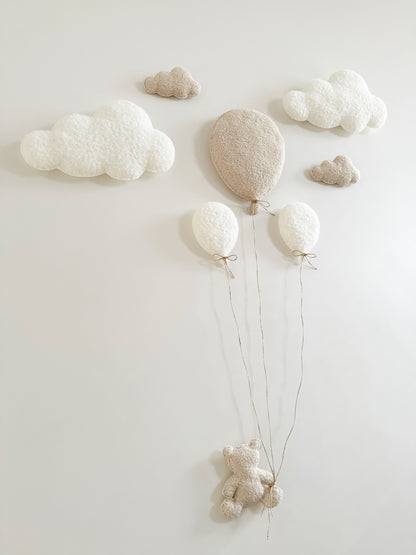 Balloons & Clouds Wall Display Set #2 - 3 Balloons - Small Teddy Bear - Ivory & Ecru Bouclé