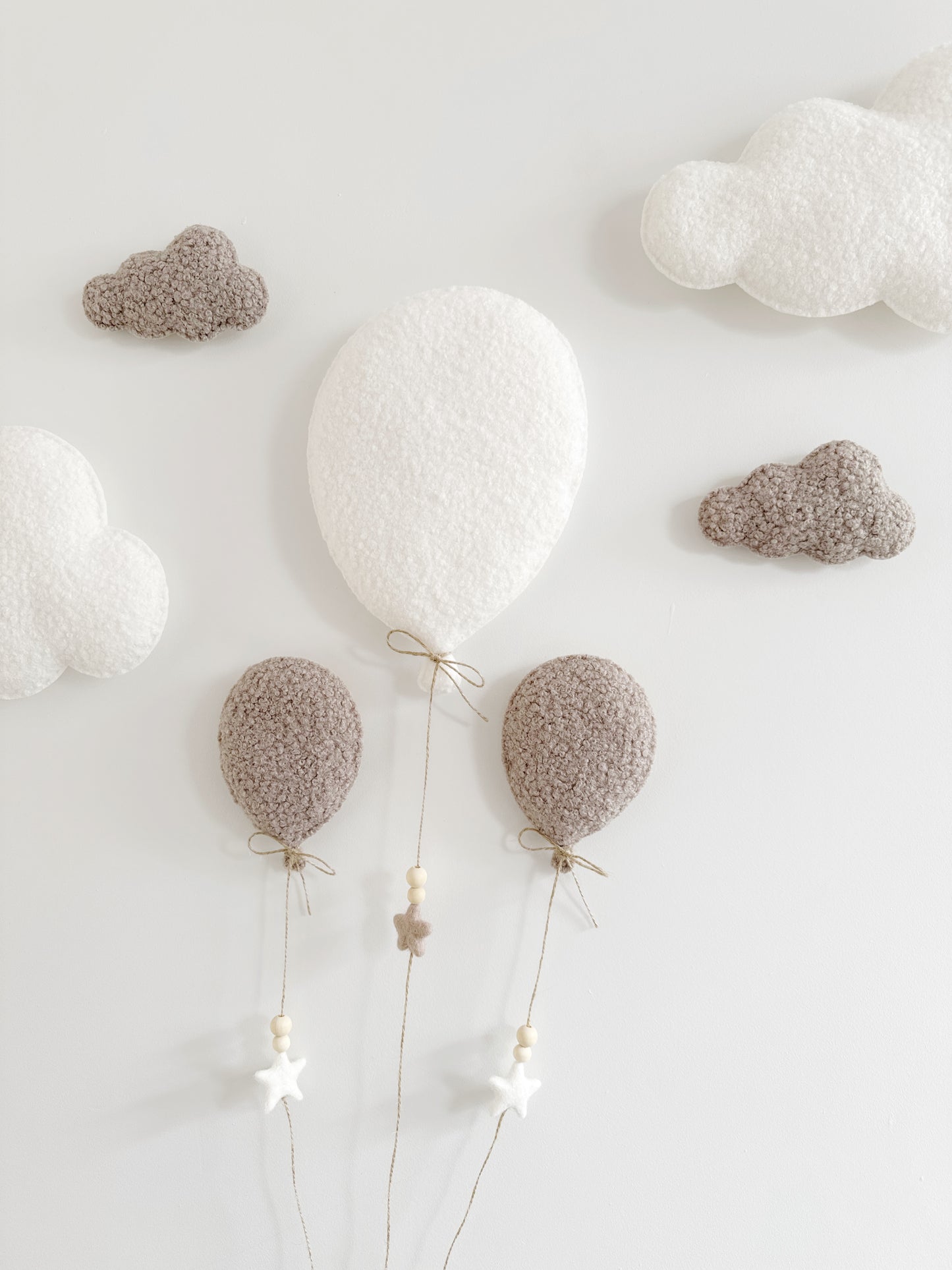 Balloons & Clouds Wall Display Set - 3 Balloons - Large Teddy Bear - Ivory & Taupe Bouclé - Option #2