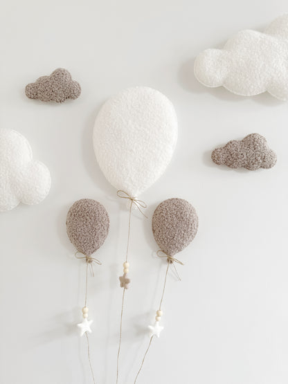 Balloons & Clouds Wall Display Set - 3 Balloons - Large Teddy Bear - Ivory & Taupe Bouclé - Option #2