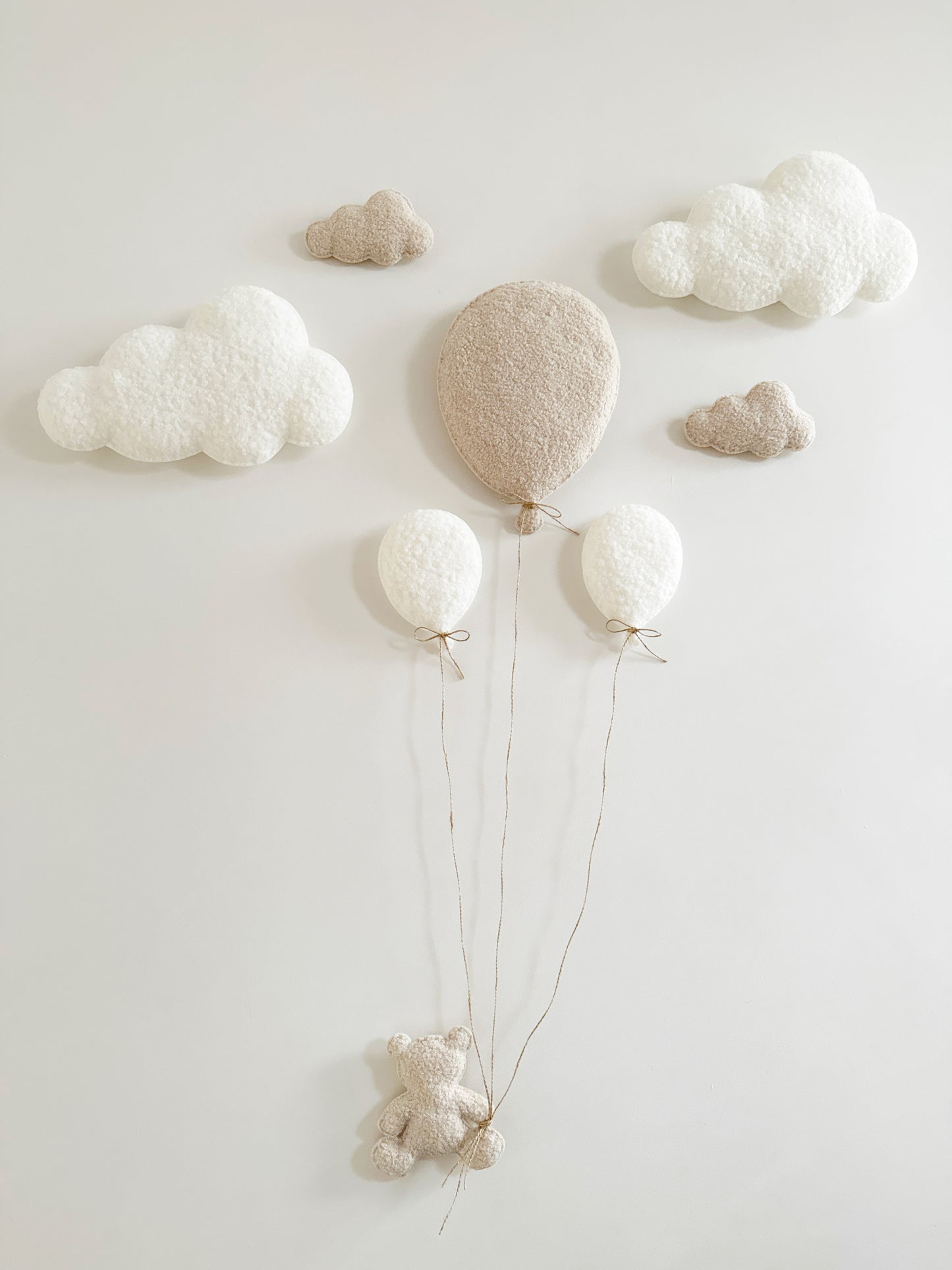 Balloons & Clouds Wall Display Set #2 - 3 Balloons - Small Teddy Bear - Ivory & Ecru Bouclé