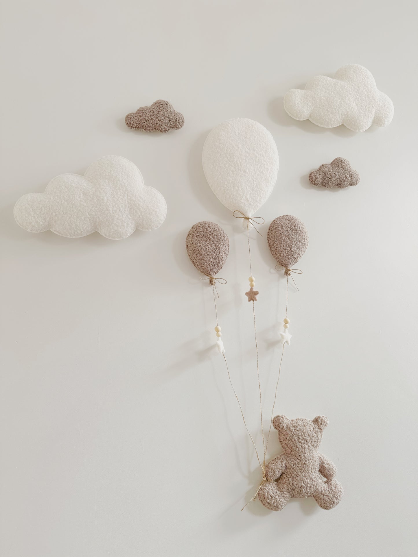 Balloons & Clouds Wall Display Set - 3 Balloons - Large Teddy Bear - Ivory & Taupe Bouclé - Option #2
