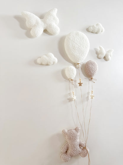 Balloons & Butterflies Wall Display Set - 8 piece - Large, Small & Mini Balloons - Large Teddy Bear - Ivory & Stone Bouclé