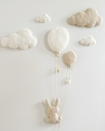 Balloons & Clouds Wall Display Set - 2 Balloons, Large Bunny - Ivory & Ecru Bouclé