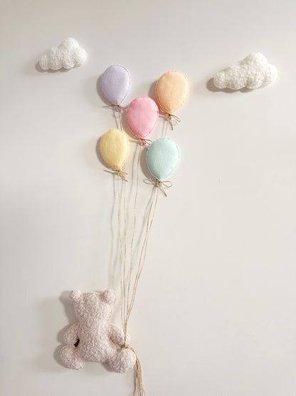 Balloons & Clouds Wall Display Set - 5 Pastel Mini Balloons, Large Teddy Bear - Ivory & Stone Bouclé