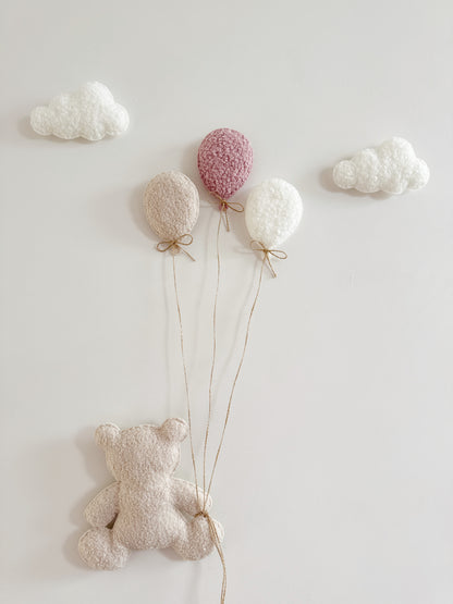 Balloons & Clouds Wall Display Set - 3 Mini Balloons, Large Teddy Bear - White & Stone Bouclé (Copy)