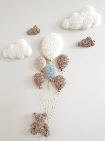 Balloons & Clouds Wall Display Set - 6 Balloons - Large Teddy Bear - Taupe & Baby Blue Mix Bouclé