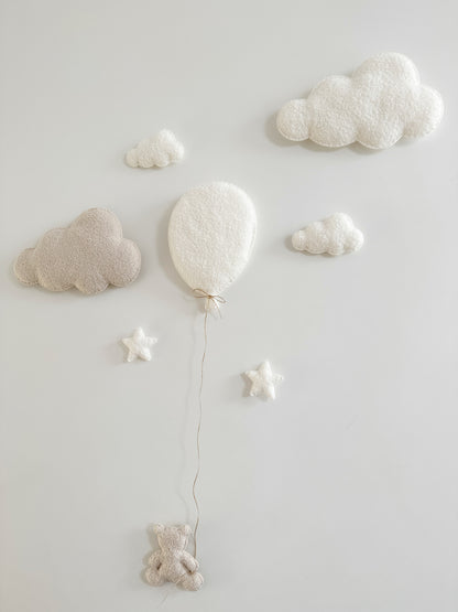 Balloon ,Clouds & Stars Wall Display Set  - 8 piece set - Small Teddy Bear - Ivory & Ecru Bouclé