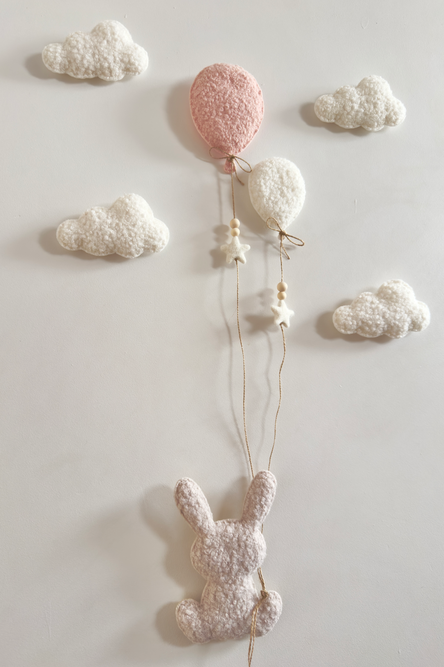 Balloon & Clouds Wall Display Set - 7 piece Small & Mini Balloons - Large Bunny - Ivory, Stone & Baby Pink Bouclé