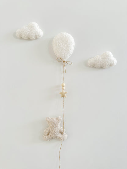 Mini Baby Bear Wall Display Set - Balloon & Teddy Bear with Clouds - Ivory & Ecru Bouclé