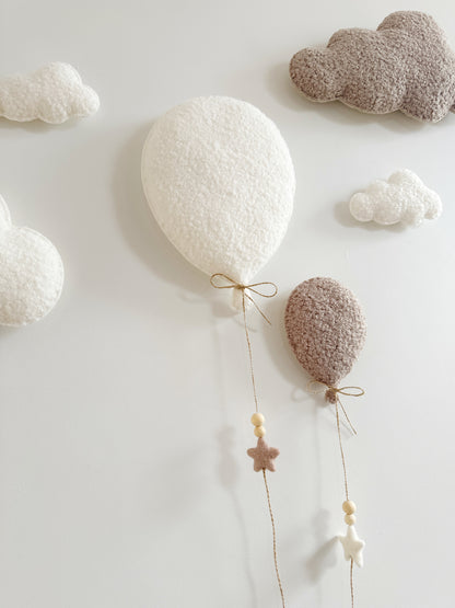 Balloons & Clouds Wall Display Set - 2 Balloons - Small Teddy Bear - Ivory & Taupe Bouclé