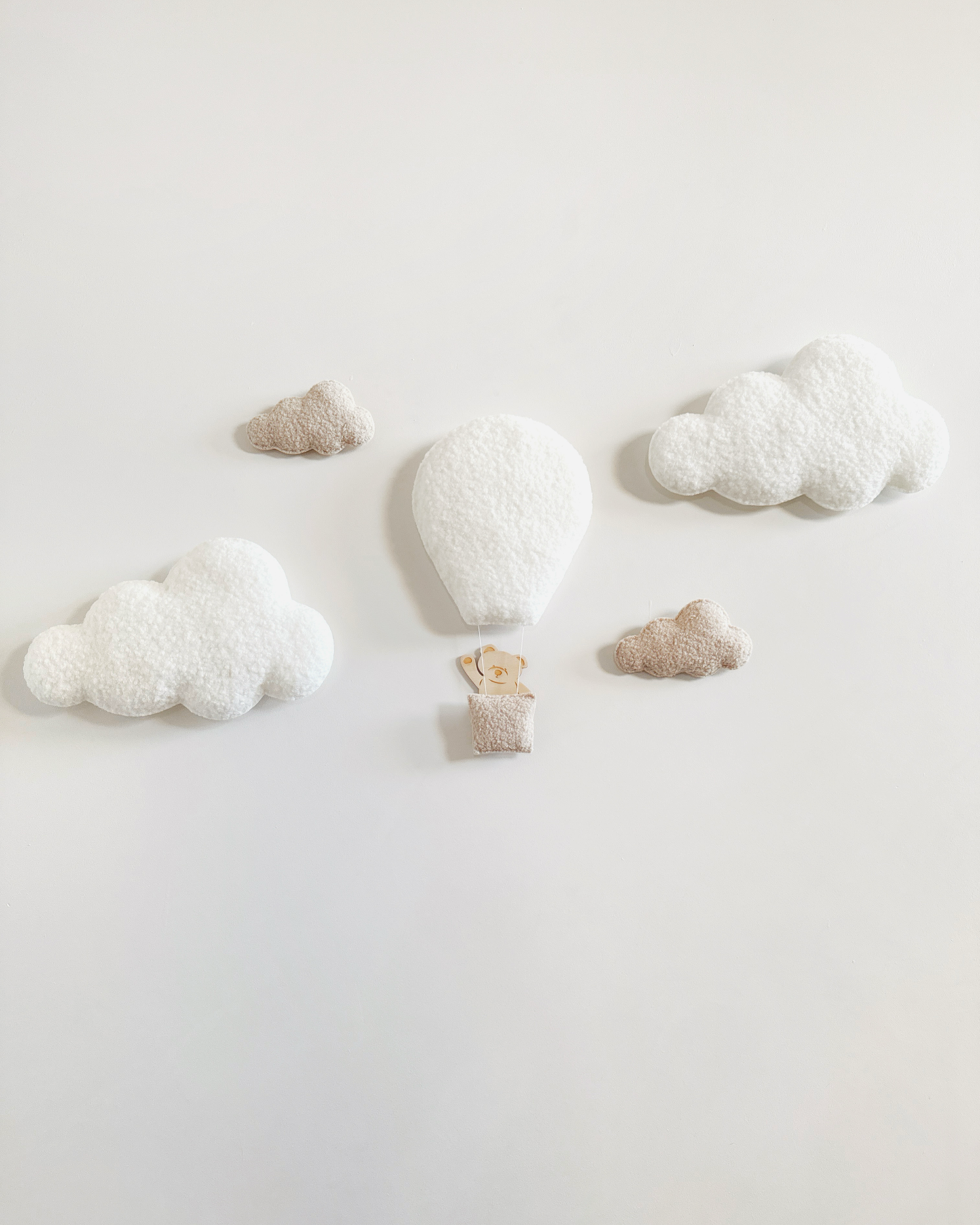 Hot Air Balloon, Clouds & Wooden Teddy Bear Wall Display Set - Ivory & Ecru Bouclé