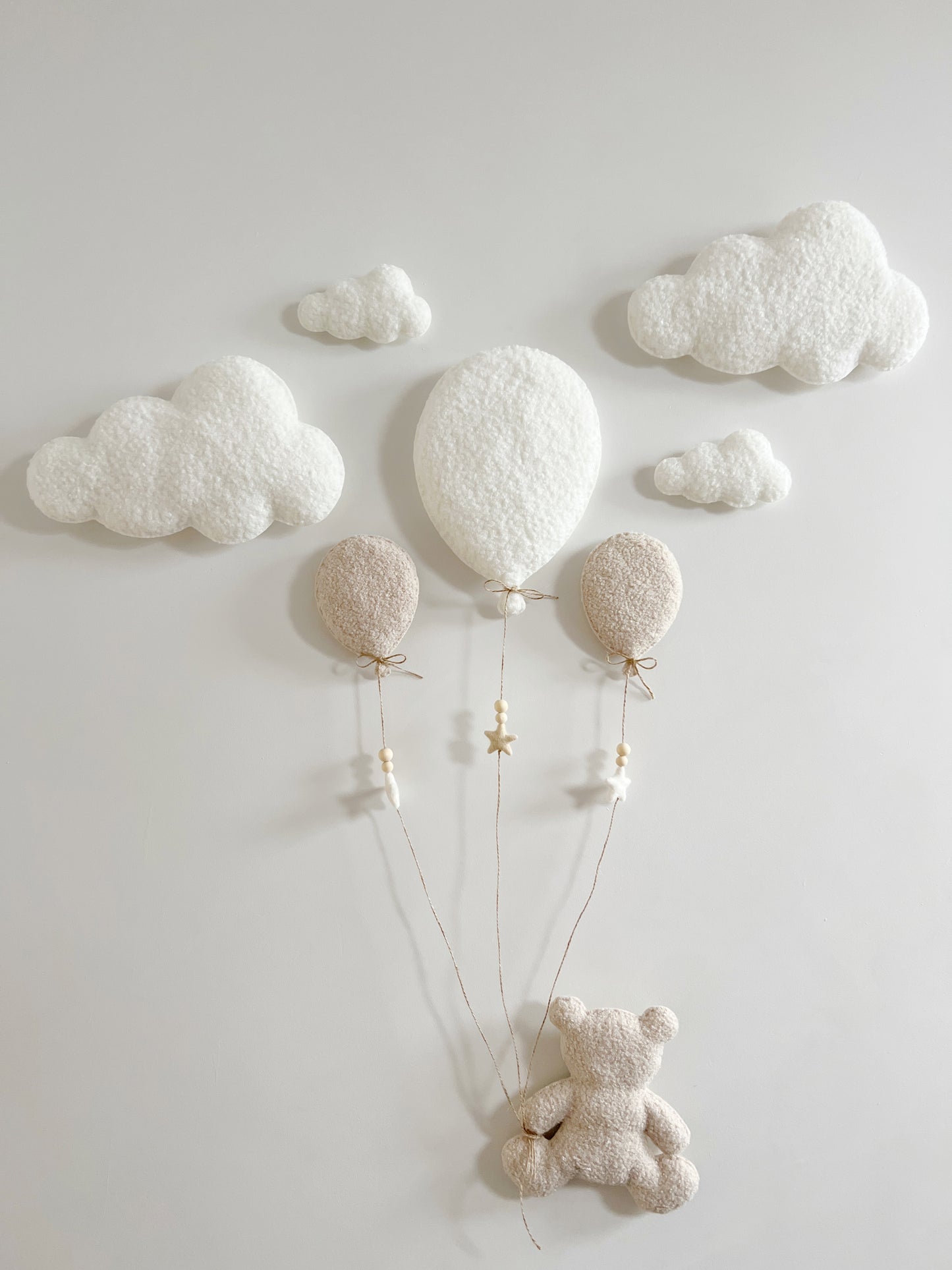 Balloons & Clouds Wall Display Set - 3 Balloons - Large Teddy Bear - Ivory & Ecru Bouclé