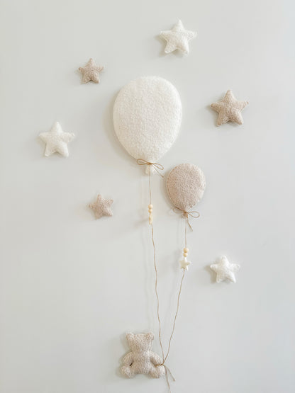 Balloons & Stars Wall Display Set  - 2 Balloons - Small Teddy Bear - Ivory & Ecru Bouclé