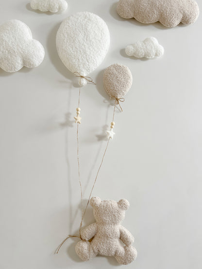 Balloons & Clouds Wall Display Set - 2 Balloons, Large Teddy Bear - Ivory & Ecru Bouclé