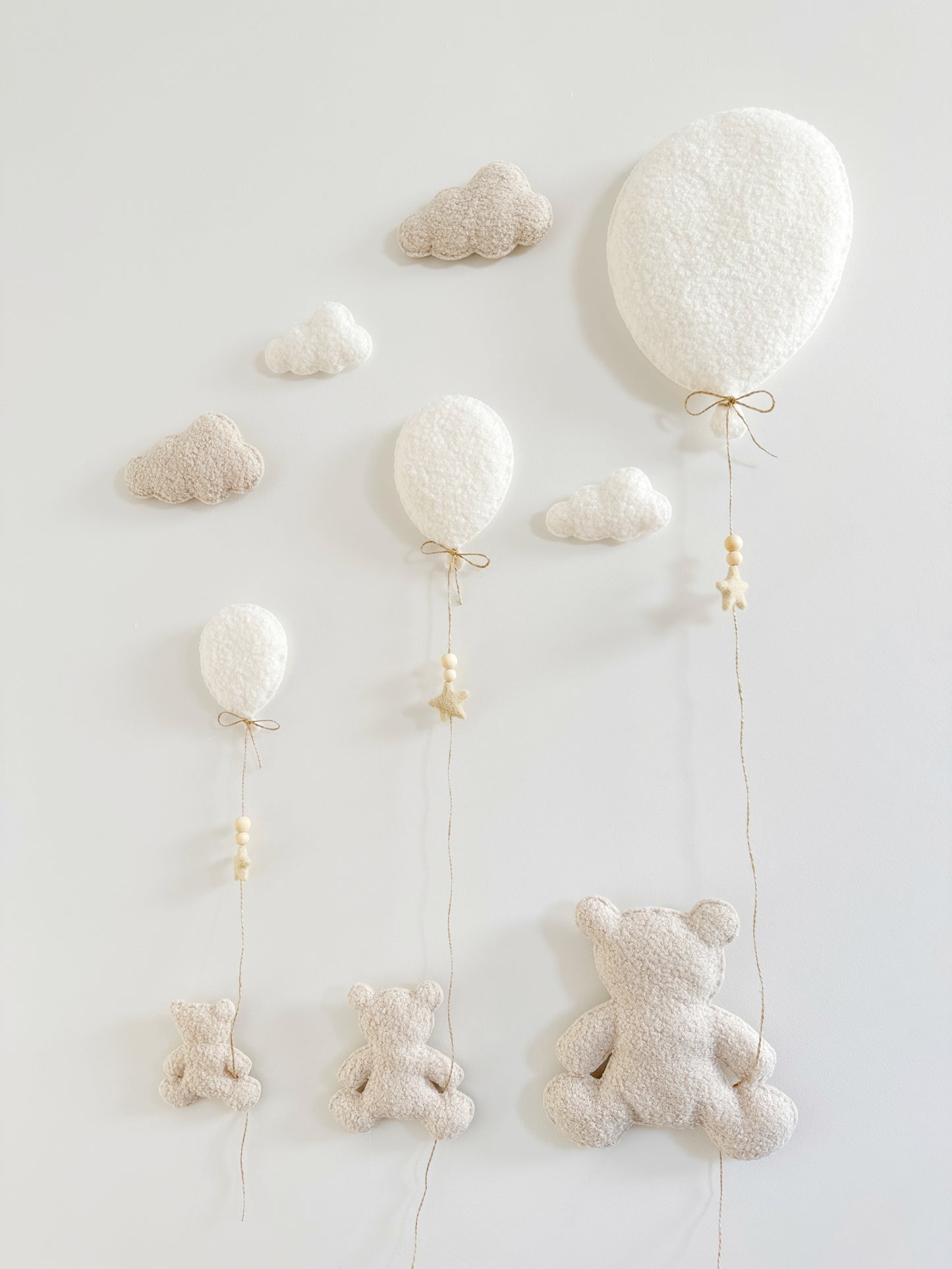 Family of 3 Teddy Bears with  Balloons & Clouds Wall Display Set - Ivory & Ecru Bouclé