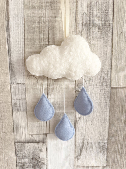 Small Bouclé Cloud & Raindrops Wall Hanger - Ivory & Baby Blue