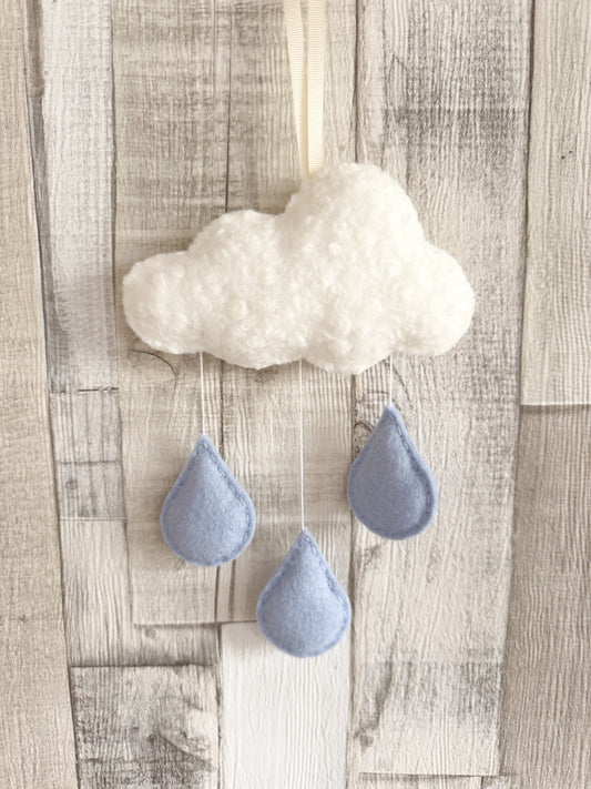 Small Bouclé Cloud & Raindrops Wall Hanger - Ivory & Baby Blue