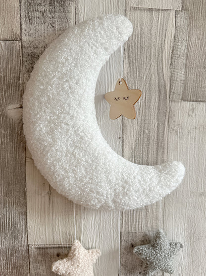 Sleepy Moon & Stars Wall Mobile - Ivory, Ecru & Light Grey Bouclé - READY TO POST