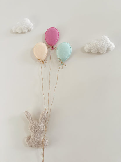 Balloons & Clouds Wall Display Set - 3 Mini Balloons Mixed Colours, Large Bunny - Ivory & Stone Bouclé - READY TO POST