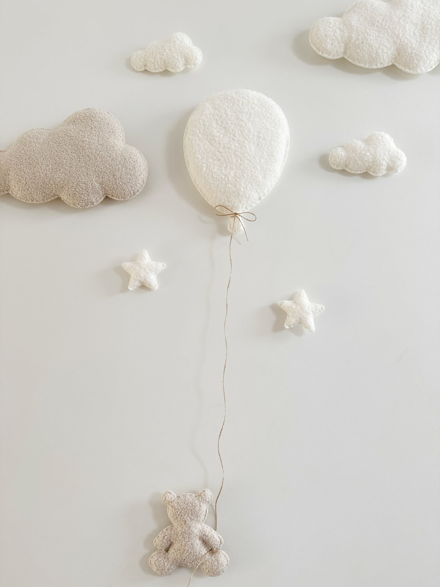 Balloon ,Clouds & Stars Wall Display Set  - 8 piece set - Small Teddy Bear - Ivory & Ecru Bouclé