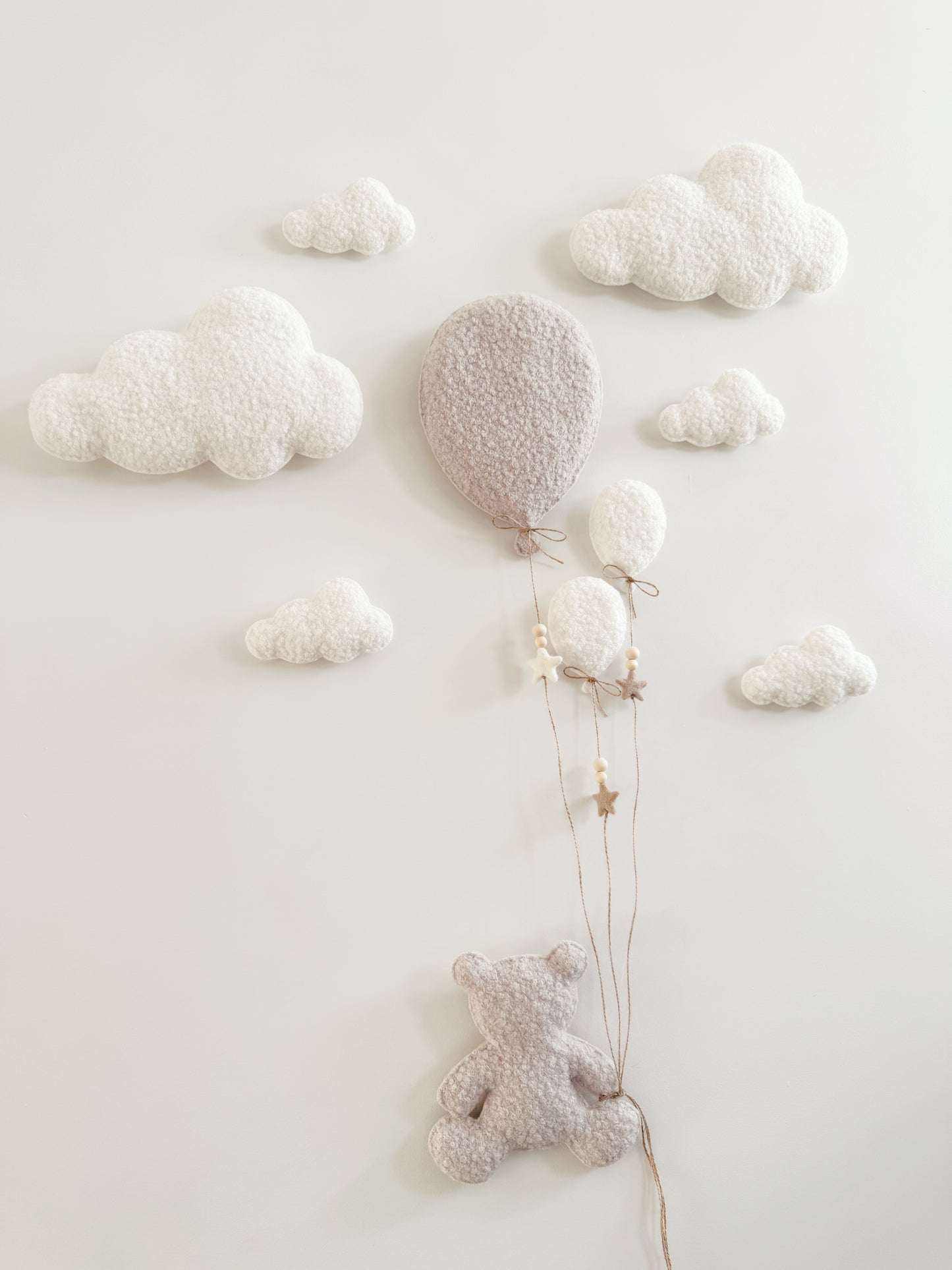 Balloons & Clouds Wall Display Set -10 piece set - Large Teddy Bear - Ivory & Stone Bouclé