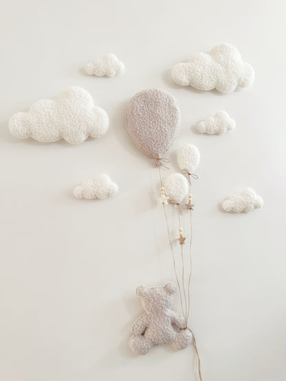 Balloons & Clouds Wall Display Set -10 piece set - Large Teddy Bear - Ivory & Stone Bouclé