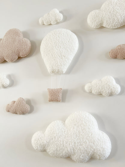 Large Hot Air Balloon Wall Display Set with XL & Small Clouds  - 9 piece set - Ivory & Ecru Bouclé