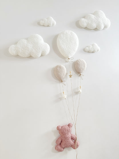 Balloons & Clouds Wall Display Set - 3 Balloons - Large Teddy Bear - Rose Pink, Ivory & Ecru Bouclé