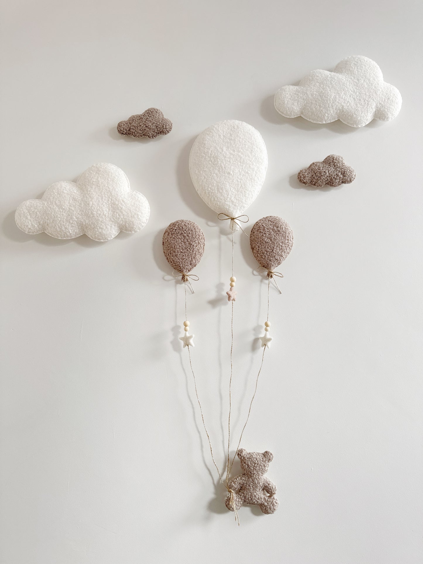 Balloons & Clouds Wall Display Set - 3 Balloons - Small Teddy Bear - Ivory & Taupe Bouclé