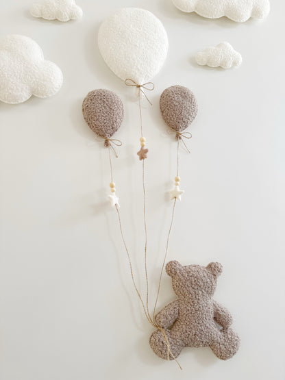 Balloons & Clouds Wall Display Set - 3 Balloons - Large Teddy Bear - Ivory & Taupe Bouclé