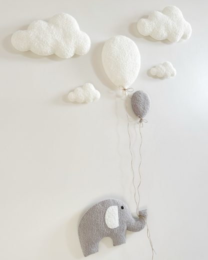 Balloons & Clouds Wall Display Set - 2 Balloons, XL Elephant - Ivory & Light Grey Bouclé