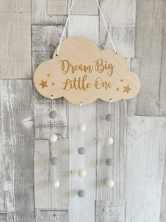 Dream Big Little One Mini Felt Ball Wall Mobile - Light Grey & Ivory  - READY TO POST