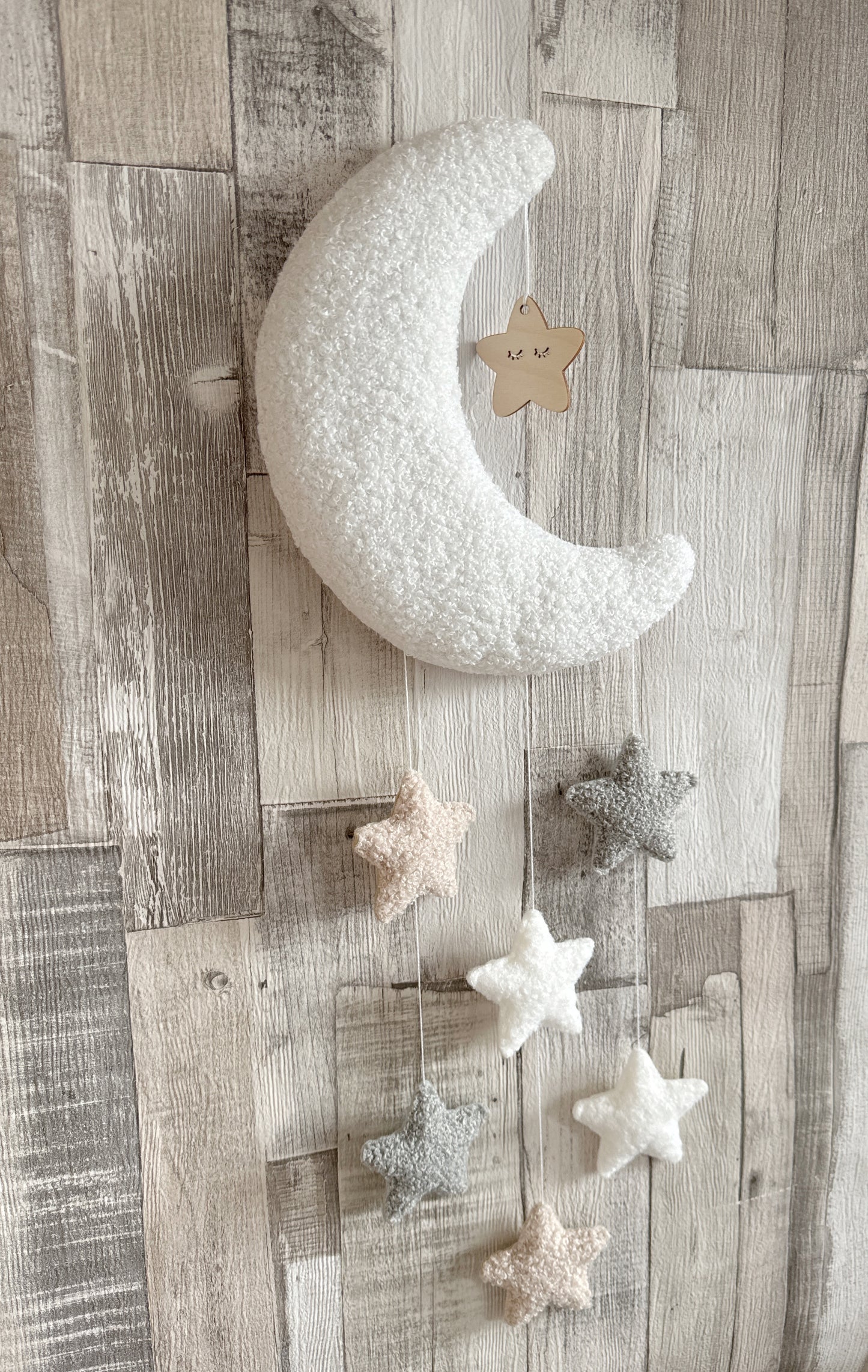 Sleepy Moon & Stars Wall Mobile - Ivory, Ecru & Light Grey Bouclé - READY TO POST