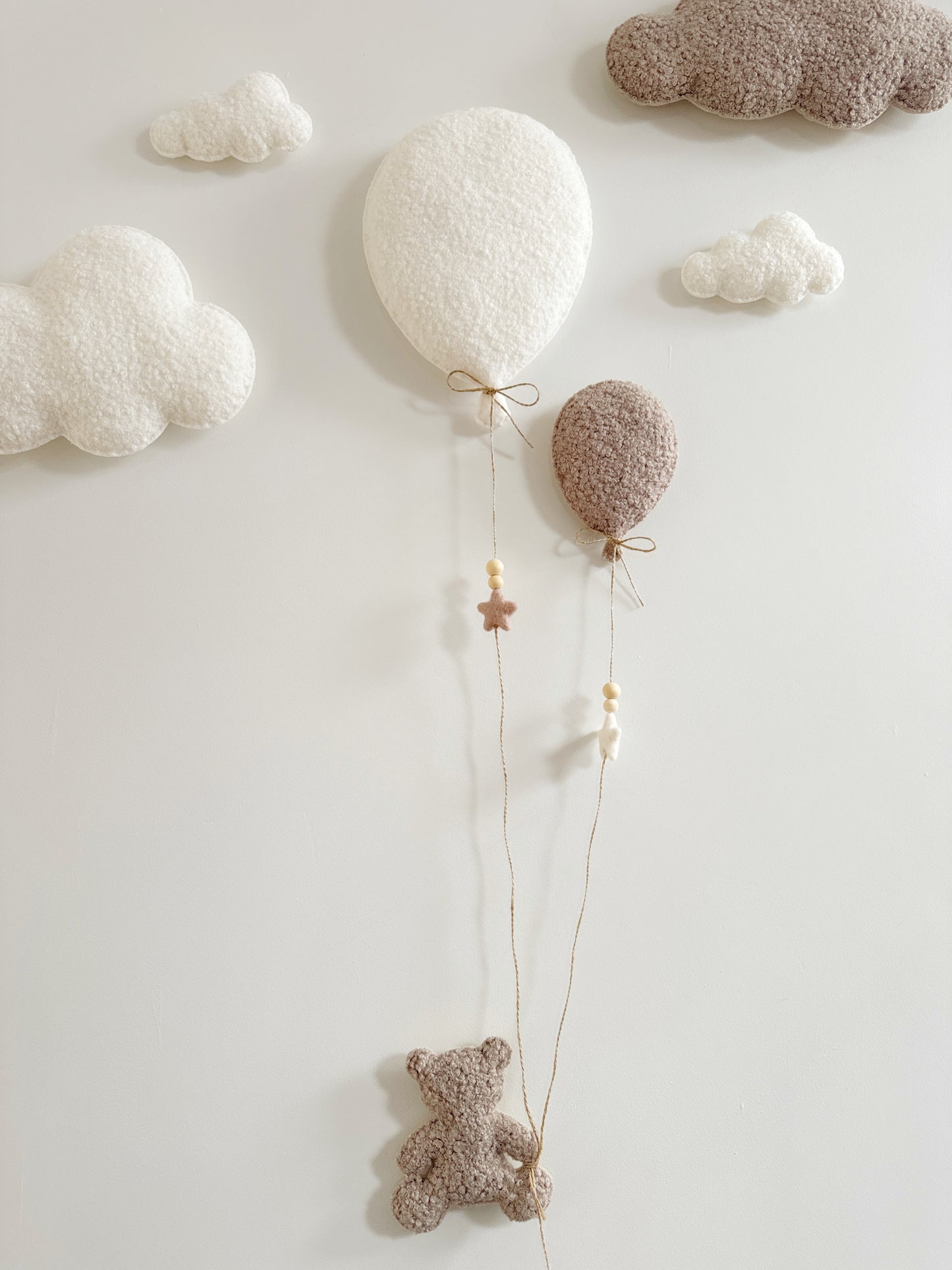 Balloons & Clouds Wall Display Set - 2 Balloons - Small Teddy Bear - Ivory & Taupe Bouclé