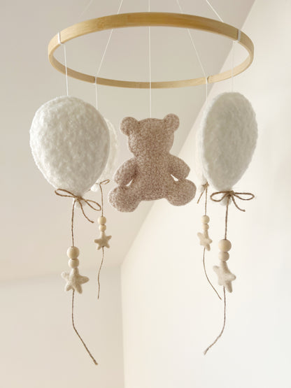 Teddy Bear & Balloons Bouclé Cot Mobile - Ivory & Ecru