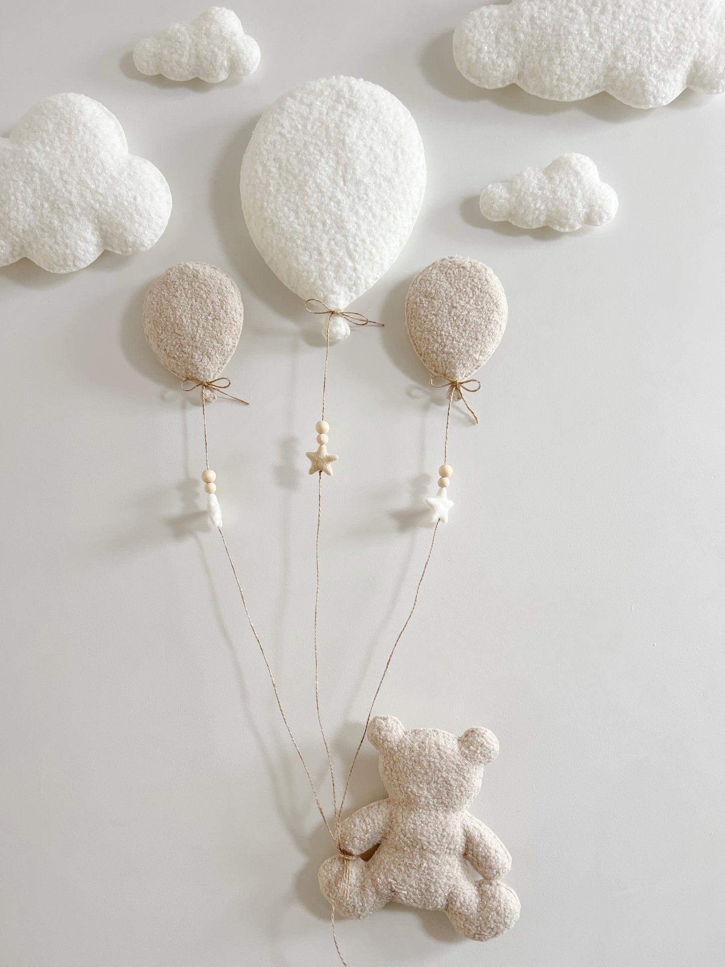 Balloons & Clouds Wall Display Set - 3 Balloons - Large Teddy Bear - Ivory & Ecru Bouclé