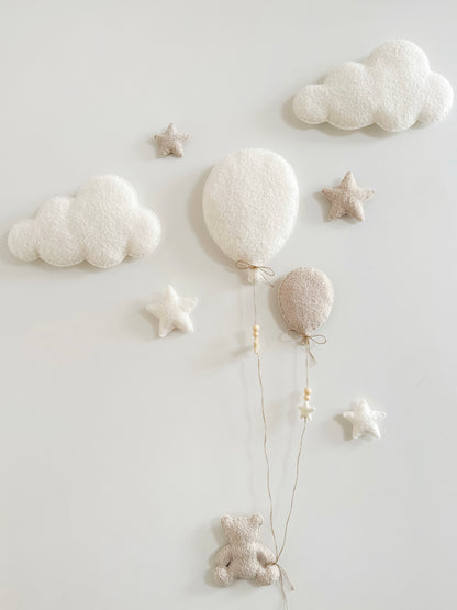 Balloons, Clouds & Stars Wall Display Set - 2 Balloons - Small Teddy Bear - Ivory & Ecru Bouclé