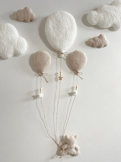 Balloons & Clouds Wall Display Set - 3 Balloons - Small Teddy Bear - Ivory & Ecru Bouclé