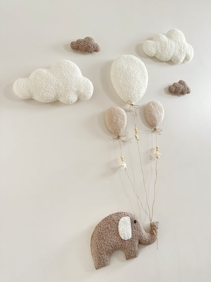 Balloons & Clouds Wall Display Set - 3 Balloons - XL Elephant - Ivory & Ecru Bouclé Balloons - Taupe Bouclé Clouds