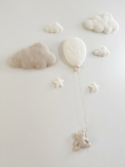 Balloon ,Clouds & Stars Wall Display Set  - 8 piece set - Small Teddy Bear - Ivory & Ecru Bouclé