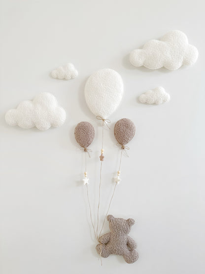 Balloons & Clouds Wall Display Set - 3 Balloons - Large Teddy Bear - Ivory & Taupe Bouclé