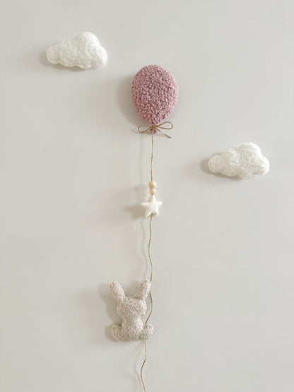 Mini Bunny Wall Display Set - Balloon & Bunny with Clouds - Ivory, Ecru & Dusty Rose Bouclé - READY TO POST