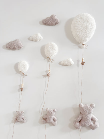 Family of 3 Teddy Bears with  Balloons & Clouds Wall Display Set - Ivory & Stone Bouclé