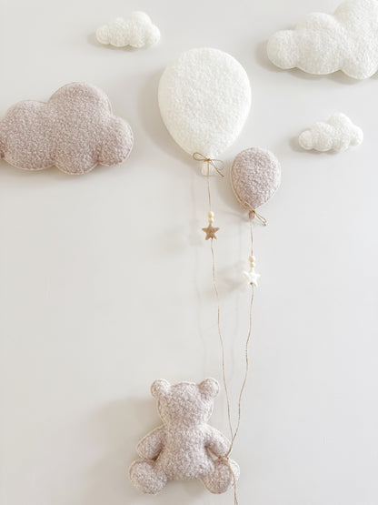 Balloons & Clouds Wall Display Set - 2 Balloons, Large Teddy Bear - Ivory & Stone Bouclé