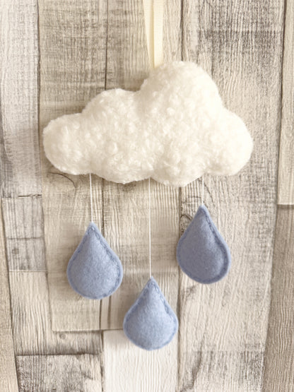Small Bouclé Cloud & Raindrops Wall Hanger - Ivory & Baby Blue